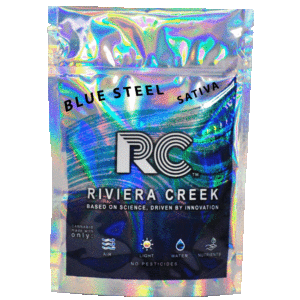 Riviera Creek medical marijuana strain packaging, Blue Steel Crescendo family sativa. Sour Diesel OG Kush and Stardawg.
