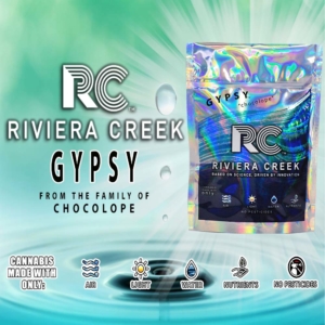 Riviera Creek medical marijuana strain packaging, Gypsy Chocolope crescendo family sativa. Chocolate Thai and Cannalope Haze.