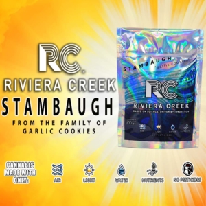 Riviera Creek medical marijuana strain packaging, Stambaugh Garlic Cookies Indica. Chemdawg and Girl Scout Cookies.
