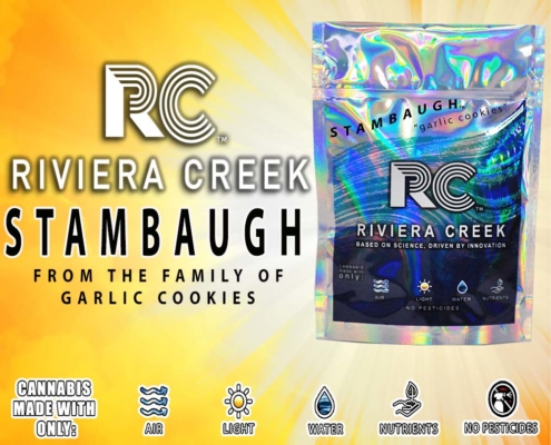 Riviera Creek medical marijuana strain packaging, Stambaugh Garlic Cookies Indica. Chemdawg and Girl Scout Cookies.