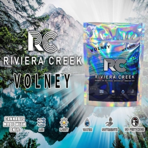 Riviera Creek medical marijuana strain packaging, Volney Lemon Berry family hybrid. Lemon skunk and member berry.