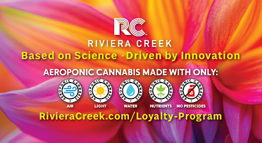Riviera Creek cannabis promotional graphic with colorful floral background highlighting aeroponic cannabis, science-driven innovation, and loyalty program URL.