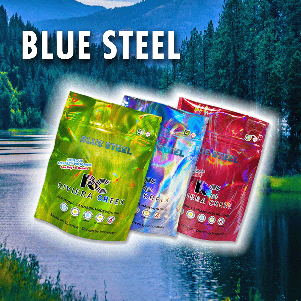 blue steel colorful bags of flower