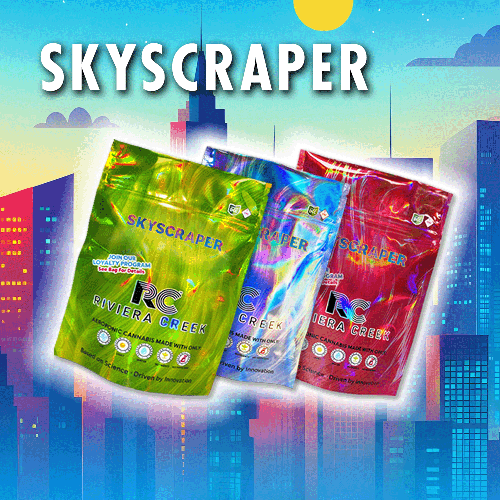 Skyscraper colorful bags of flower.